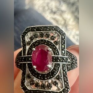 Black spinel and lab created red ruby size 10 vintage ring.